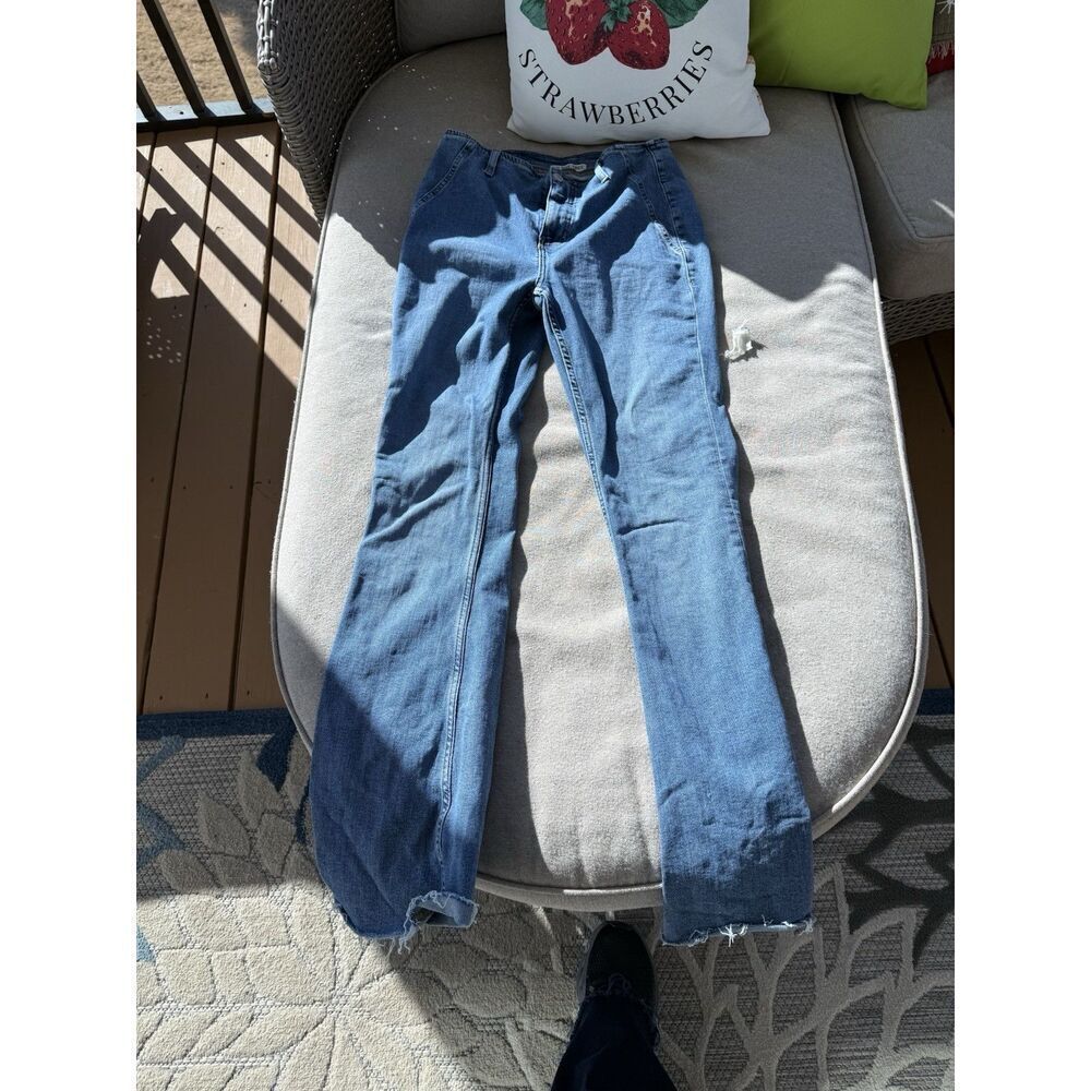 Free People Women's Blue Denim Flare Jeans Frayed Hem Size 29